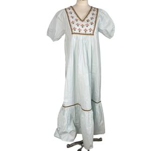 Ex Voto Hayes Embroidered Maxi Whispering Blue Prairie Boho Cotton Dress